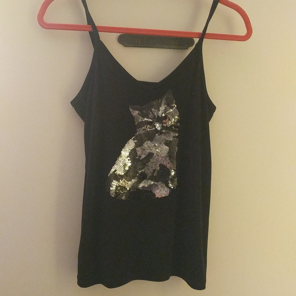 Black sequin Kitty adjustable strap size small tank top